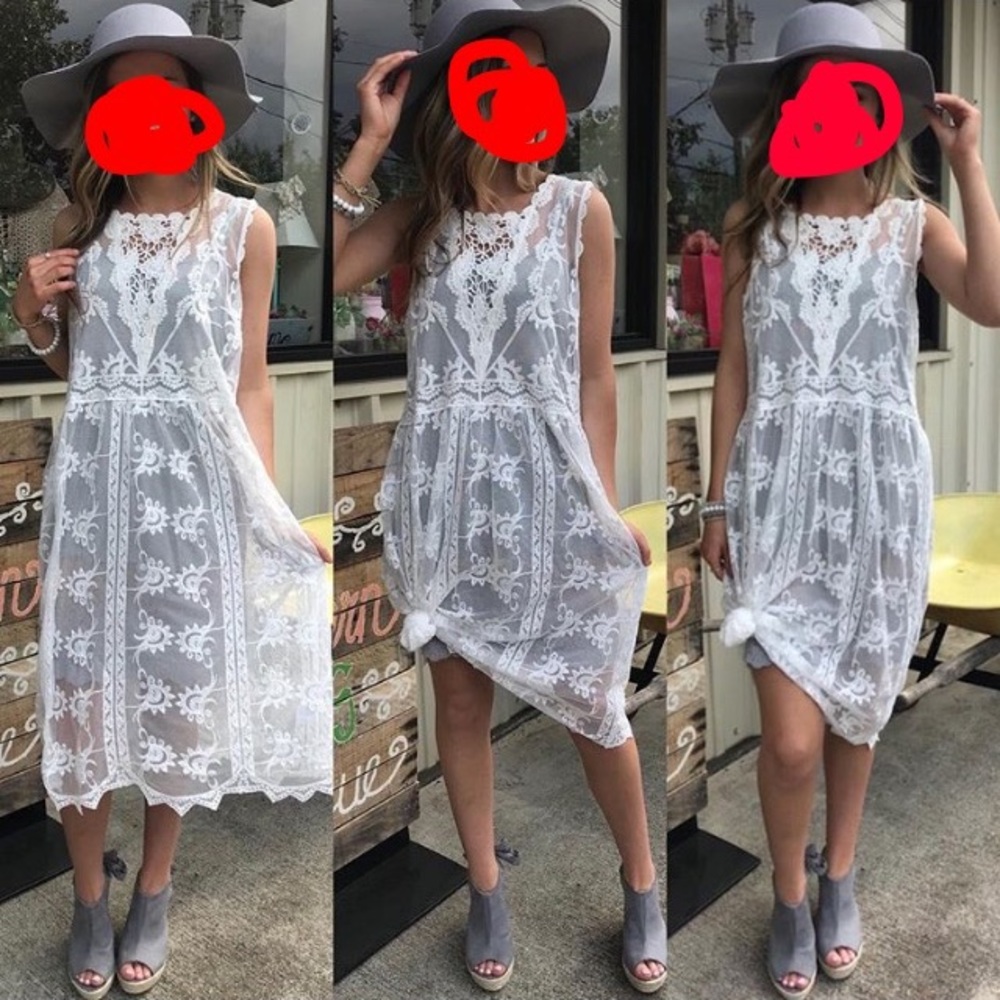 Lace dress, dress slip, and grey hat